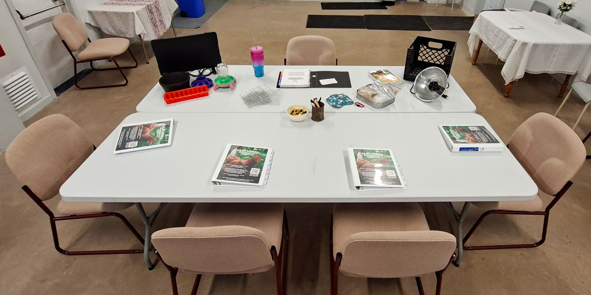 A workshop table all set up.